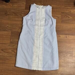 London Times Blue and White Striped Seersucker Sleeveless Sheath Dress Office